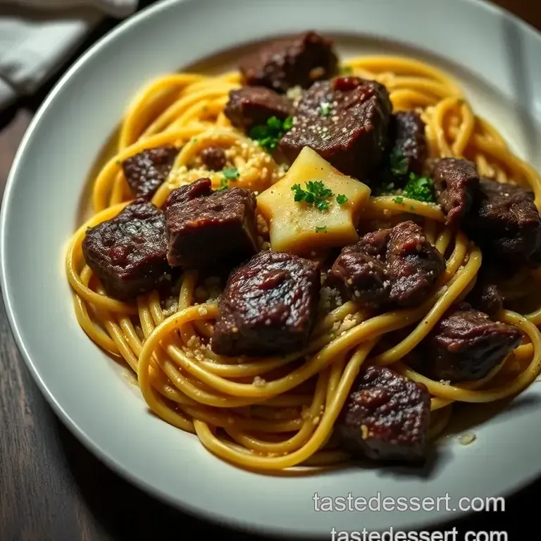 Steakhouse Style Pasta with Garlic Butter Sauce presentation