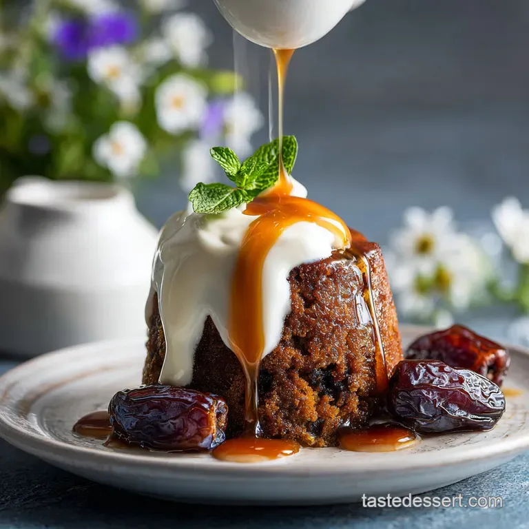 Single serving of sticky toffee pudding drenched in luscious caramel; powdered sugar dusting creates delicate contrast. Ut...