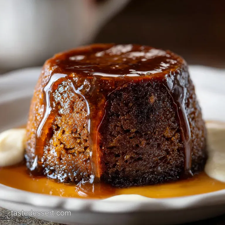 Warm, dark, moist sticky toffee pudding on a white plate, drizzled with caramel, next to a scoop of vanilla ice cream.