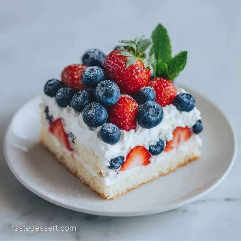 Large rectangular cake on a white platter, topped with vibrant red berries and deep blue blueberries in neat rows.