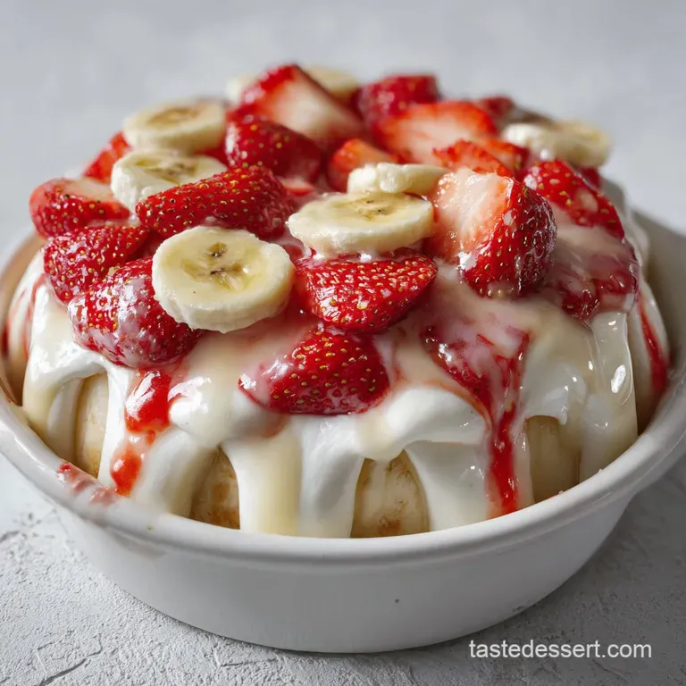 Layered dessert in a parfait glass, showcasing fluffy white pudding, vibrant strawberries, and soft banana slices. Whipped...