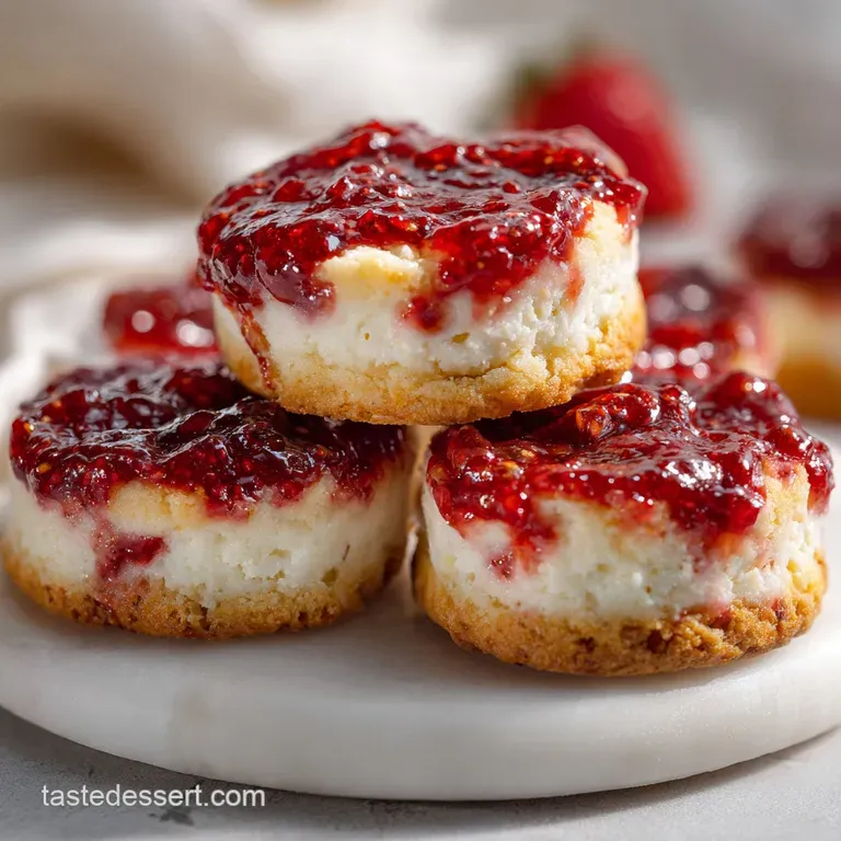 Stacked cheesecake cookies with jam oozing out, sugared berries & a dusting of powdered sugar; tempting & rustic.