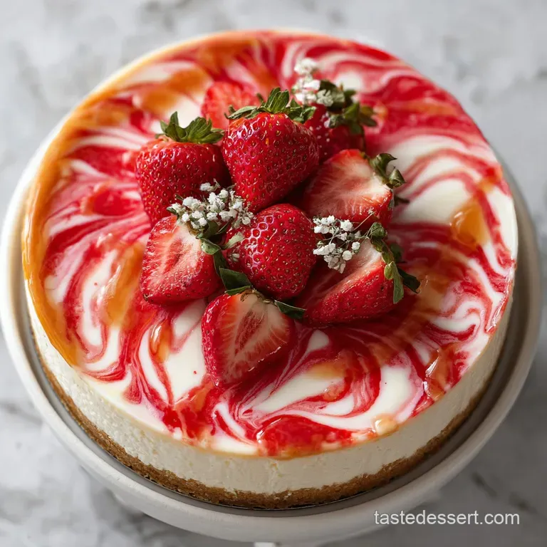Slice of layered strawberry cheesecake showing the creamy filling, ruby red strawberry topping, and golden crust on a whit...