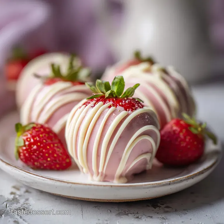 Delicate white chocolate-drizzled strawberry spheres arranged artfully on a clean white plate.