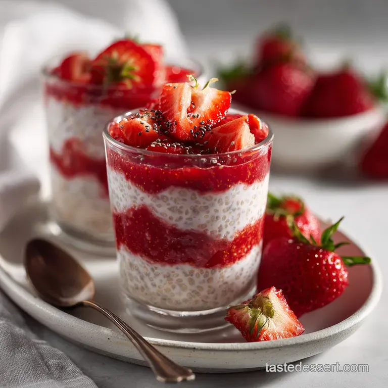 Elegant serving of layered strawberry overnight oats in a glass bowl, garnished with fresh berries and a sprig of mint; a ...