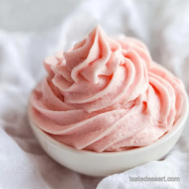 A swirl of blush-pink frosting topped with a fresh strawberry slice and mint leaf on a white ceramic plate.