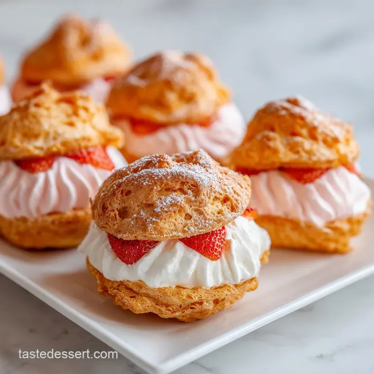 Elegant cream puff presentation: delicate pastries bursting with sweet cream and ruby-red strawberries, accented by mint s...