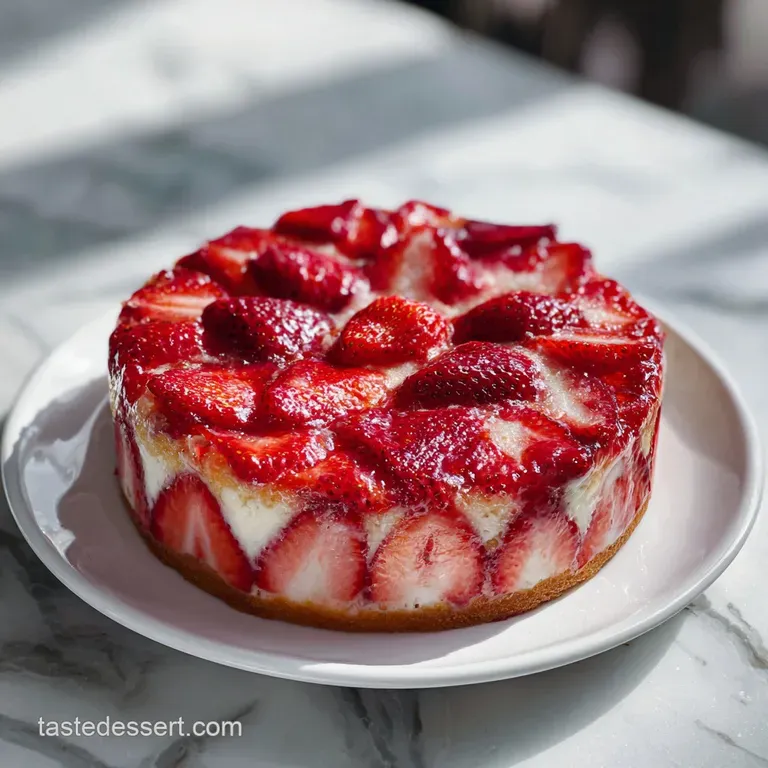 Slice of strawberry cake on a white plate, highlighting the moist interior and vibrant red strawberry pieces. Whipped crea...