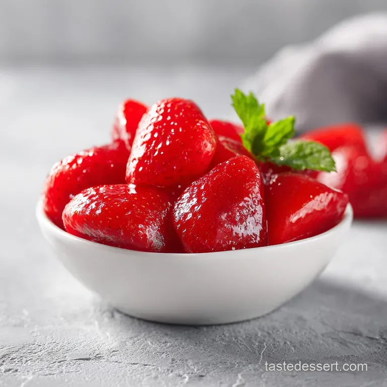 Elegant arrangement of glistening strawberry fruit snacks, scattered on a white plate like edible jewels, a healthy delight.