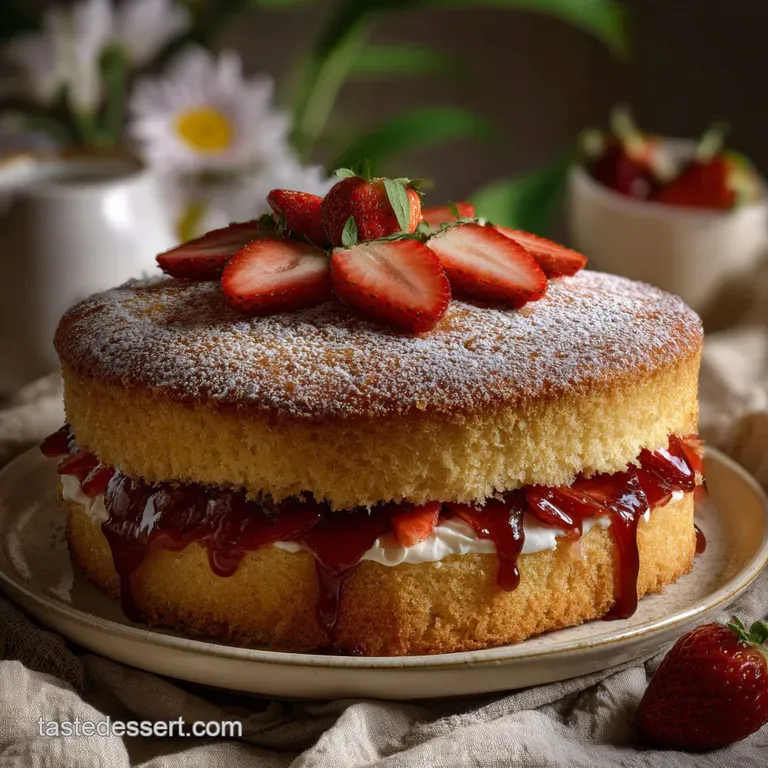 Slice of airy sponge cake layered with whipped cream and fresh strawberries; a light, summery dessert on a white plate.