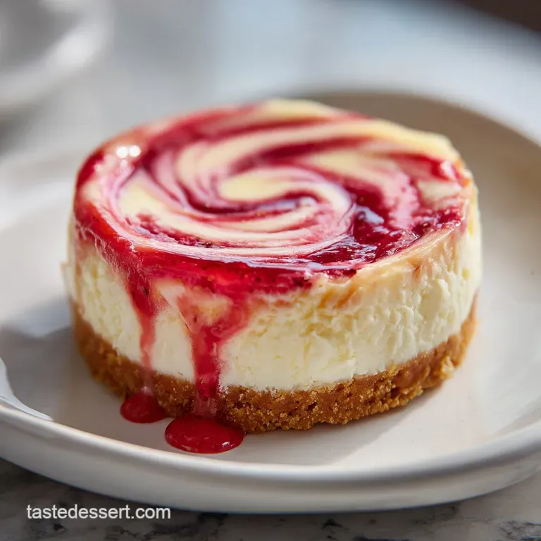 Slice of strawberry swirl cheesecake, creamy filling with graham cracker crust on a white plate with fresh strawberry garn...