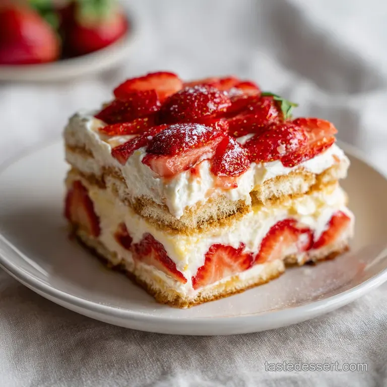 Elegant slice of strawberry tiramisu on a white plate. Pink cream layers peek between ladyfingers, topped with a whole str...