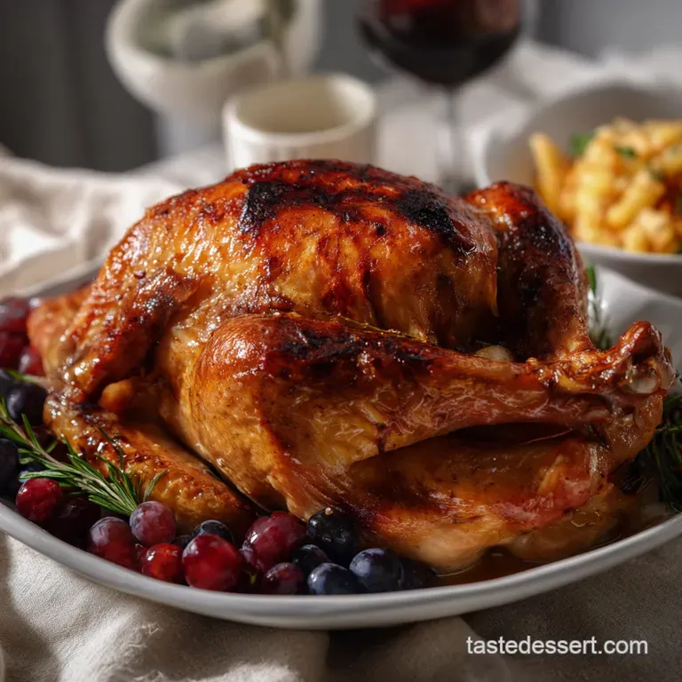 Perfectly sliced turkey breast fanned out on a white plate, drizzled with savory gravy, alongside a medley of colorful sides.