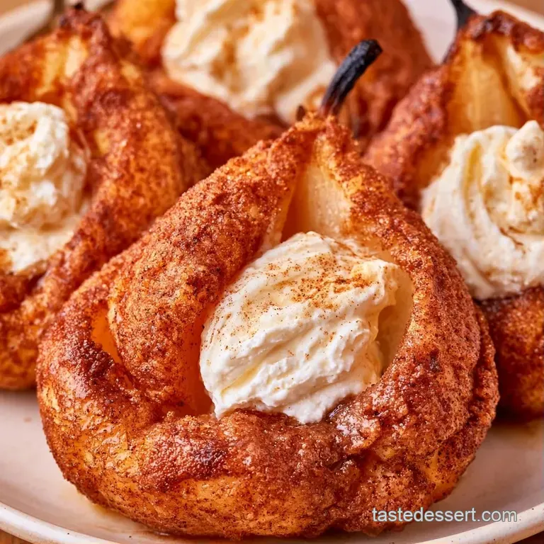 Two soft, glazed pears on white ceramic plates with a swirl of whipped cream and a dusting of cinnamon powder.