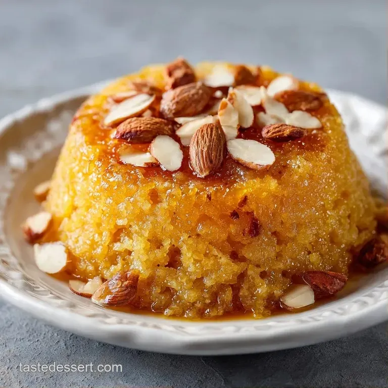 A neat scoop of warm, golden semolina pudding garnished with slivered nuts on a minimalist white porcelain plate.