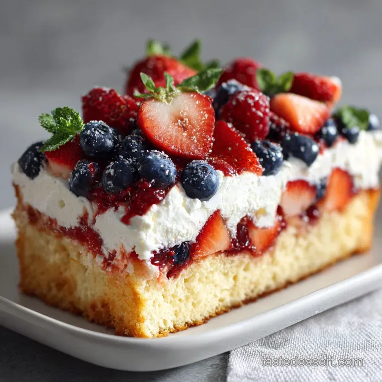 Slice of berry poke cake on a white plate, showing moist yellow cake layers, colorful berries, and fluffy whipped topping.