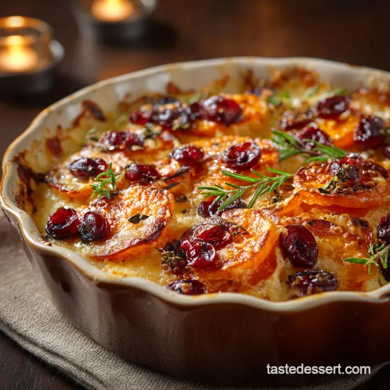 Sweet Potato Cranberry Gratin the Posh Pecan Spice Autumn Harvest Gratin presentation