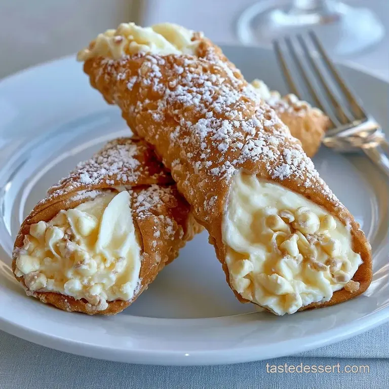 Elegant row of golden tubes filled with fluffy white cream, accented by crushed pistachios and mint leaves.