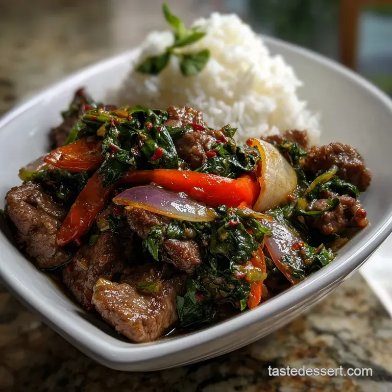 Sizzling beef and vibrant vegetables, wok-tossed in a dark, glossy sauce. Garnished with fresh basil, a colorful and aroma...