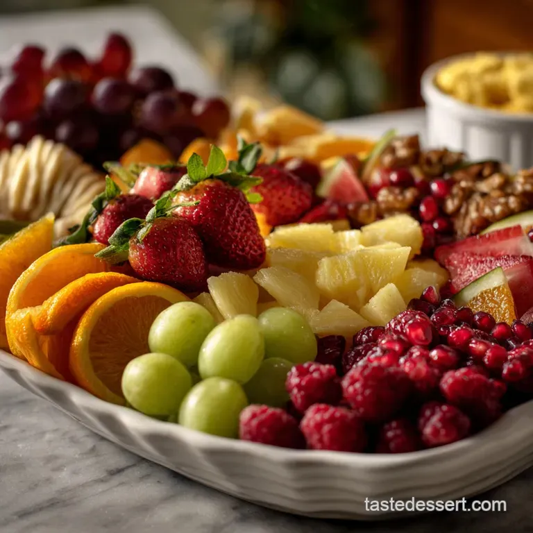 Vibrant Thanksgiving fruit board overflowing with jewel-toned berries, sliced citrus, and glistening grapes. A visual feas...