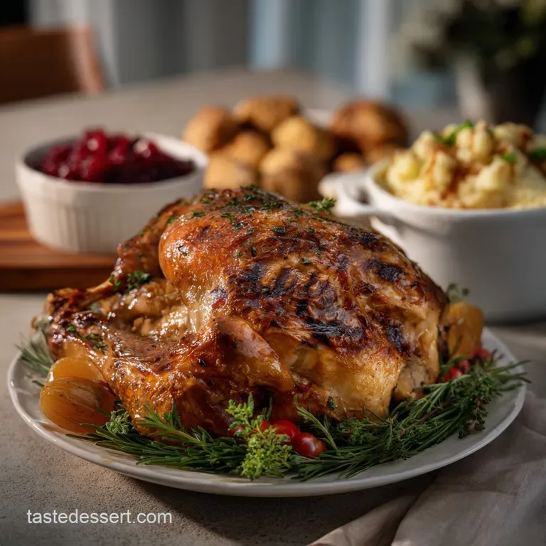 Elegant plate showcasing a perfectly sliced turkey breast, drizzled with savory gravy, alongside a delicate scoop of cream...