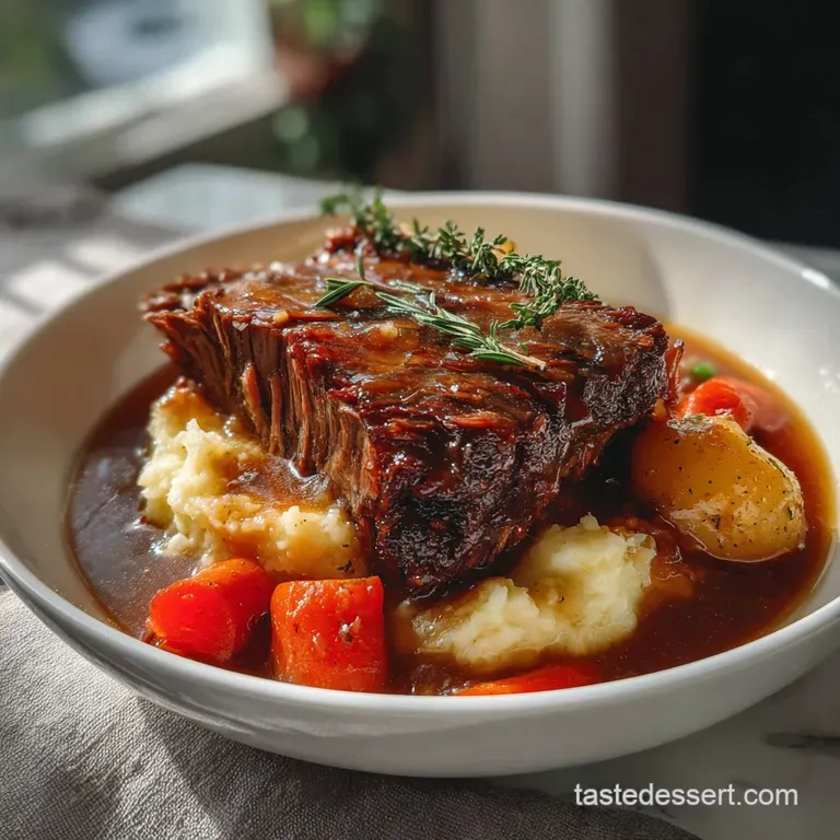 Tender pot roast slices artfully arranged on a white plate, showcasing the juicy meat and vegetables, ready to enjoy with ...