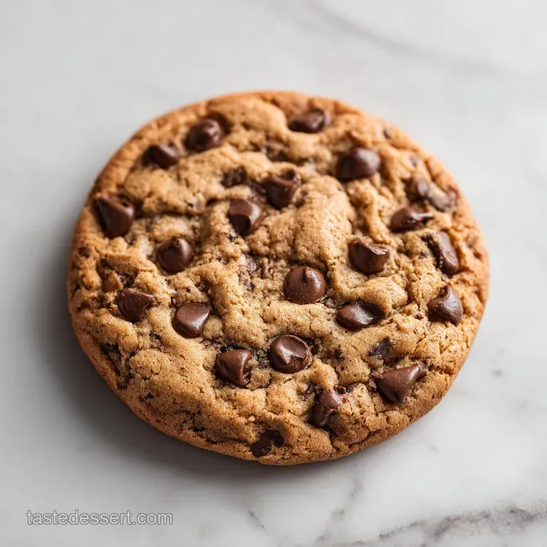 A single, perfectly baked chocolate chip cookie with slightly crisp edges, drizzled with caramel.