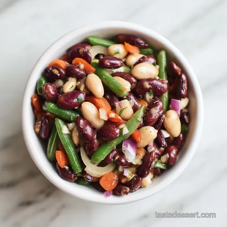 Neatly arranged three-bean salad. Glossy green beans mixed with kidney beans provide a colorful, textured contrast on a pl...