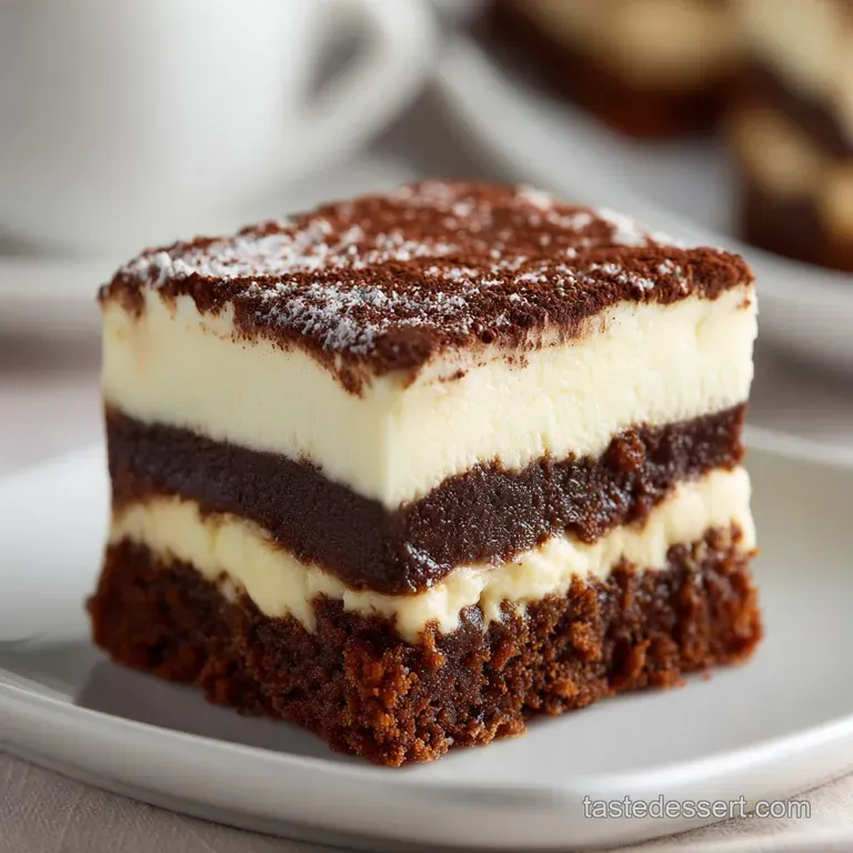 Tiramisu brownie slice on a white plate, cocoa dusting, coffee beans, and a dollop of whipped cream, creating an elegant d...