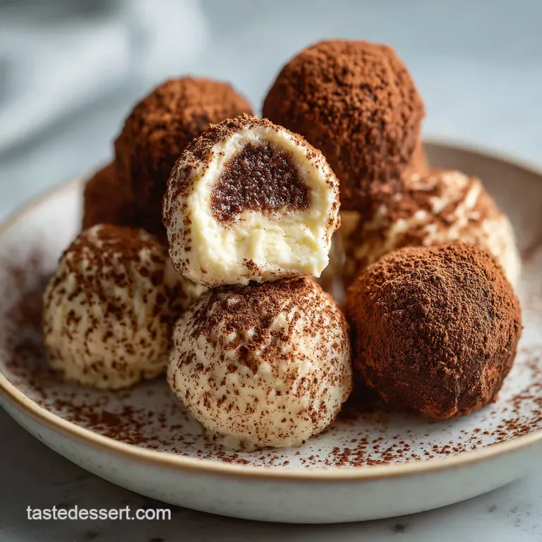 Elegant Tiramisu truffles displayed on a dessert plate, dusted in cocoa with delicate chocolate shavings and coffee beans.