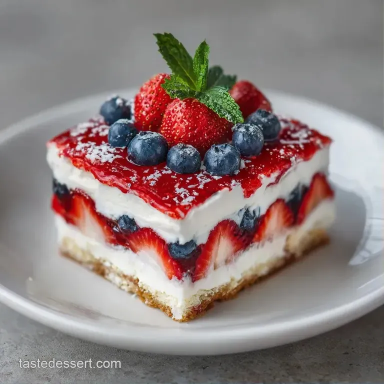 A neat slice of red and blue berry cake on a white plate, showing moist white layers and creamy frosting.