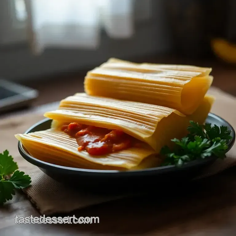 Traditional Hispanic Tamales with Pork and Red Chili Sauce presentation