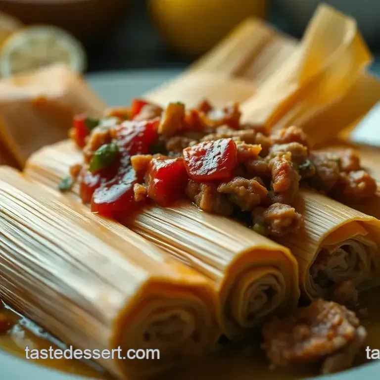 Traditional Hispanic Tamales with Pork and Red Chili Sauce