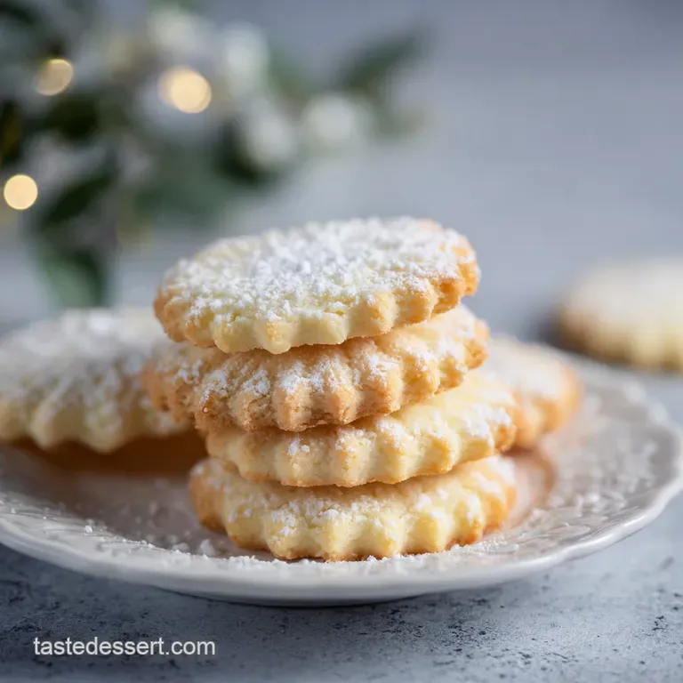 A neat stack of golden-brown butter cookies, dusted with powdered sugar, artfully arranged on a white ceramic plate.