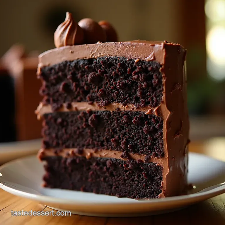 The Decadent Triple Threat Ultimate Dark Chocolate Layer Cake with Silky Ganache Frosting presentation