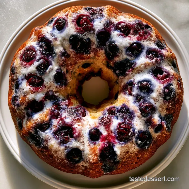 A moist slice of golden cake studded with juicy purple berries on a white plate, paired with a silver dessert fork.