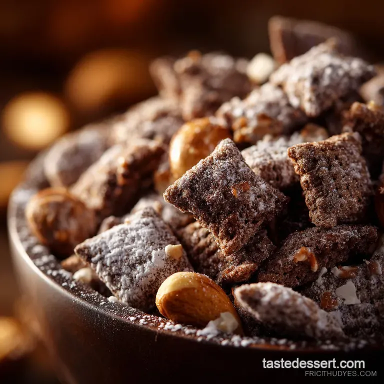 Chefs Signature Peanut Butter Chocolate Muddy Buddies Puppy Chow presentation