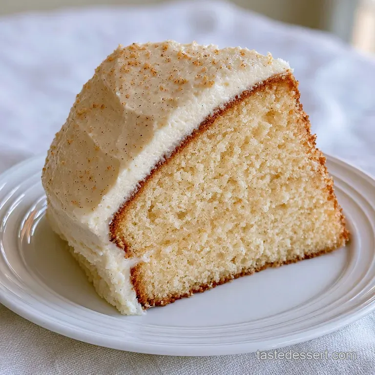 A slice of fluffy white cake topped with a swirl of buttercream, served on a gold rimmed plate with berries
