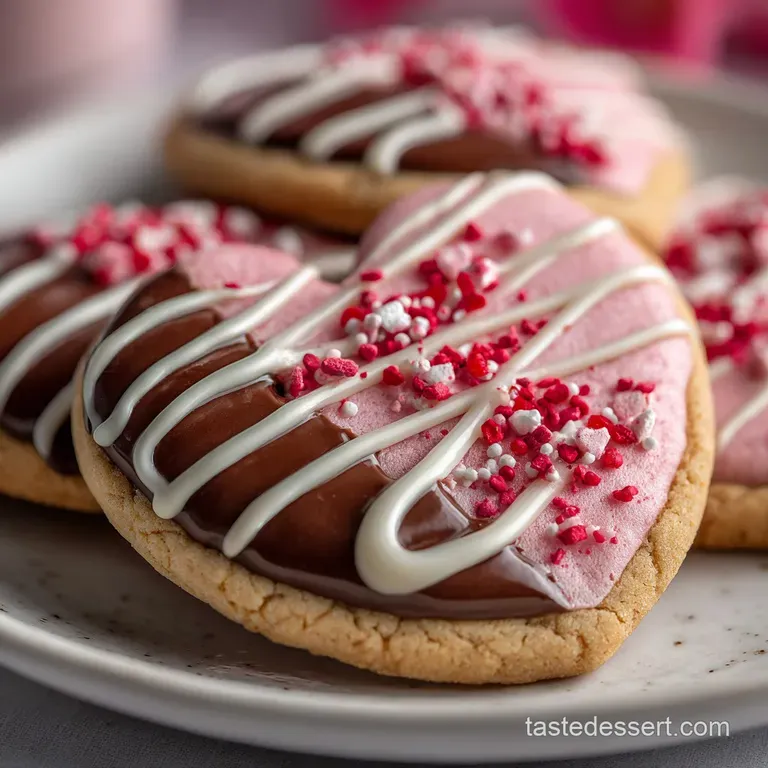 Two stacked chocolate cookies with glistening ganache filling, plated beside loose cocoa powder and scattered pink sugar c...