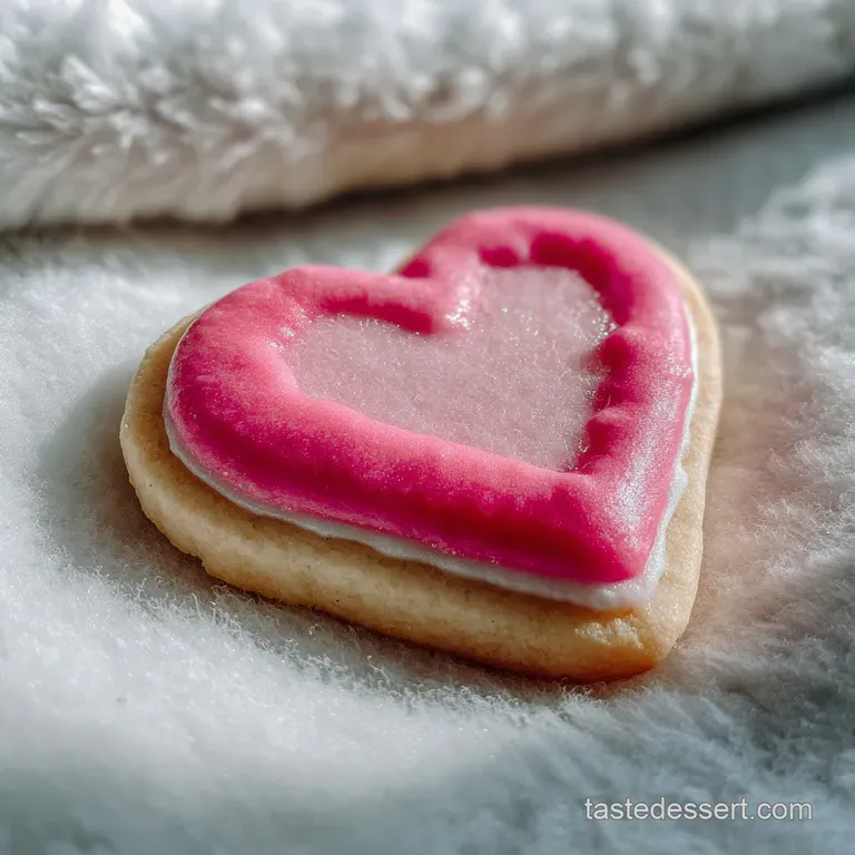 A single, beautifully iced sugar cookie with intricate heart and swirl details rests on a white linen, soft light highligh...