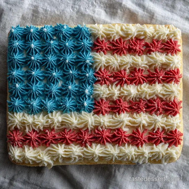 A slice of moist white cake on a white ceramic plate, topped with layers of smooth red and blue buttercream.