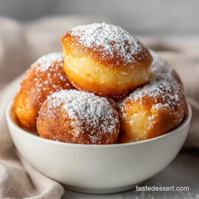 A delicate stack of light, airy beignets elegantly arranged on a white plate, lightly sugared.