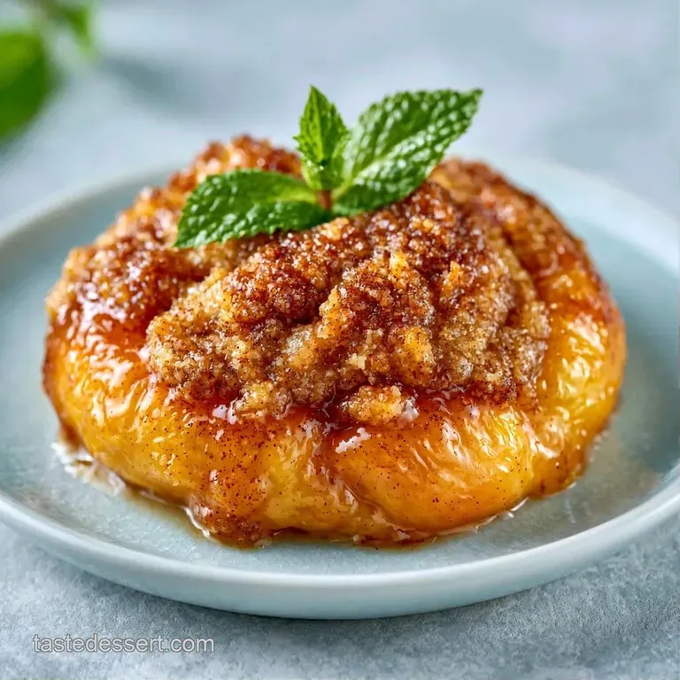 Warm fruit crumble topped with a melting scoop of vanilla cream and a fresh mint leaf on a minimalist white plate.