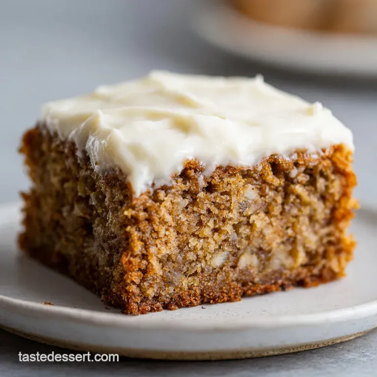 A single banana bar slice with creamy frosting, drizzled with caramel, and sprinkled nuts on a white plate. Inviting and d...