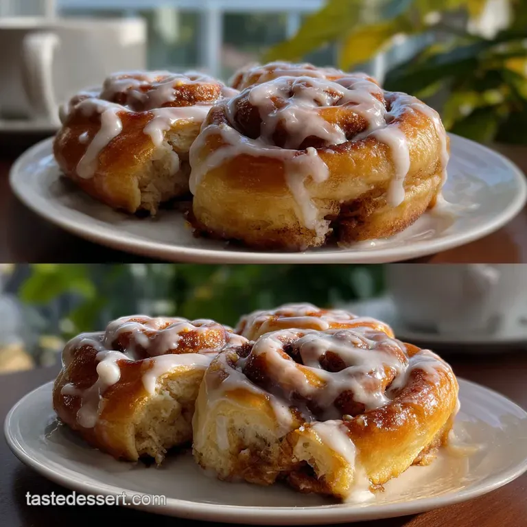 Warm cinnamon rolls plated elegantly on a dark surface, drizzled with tangy cream cheese frosting. A delightful, inviting ...