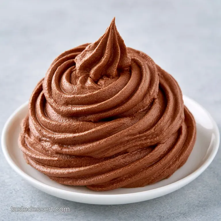 A dollop of fluffy dark chocolate cream piped onto a white plate, topped with a single bright red raspberry.