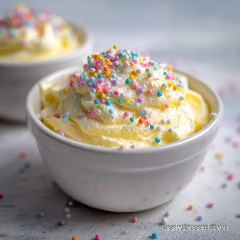 Smooth, pearly white frosting artfully piped onto a golden cupcake, dusted with cocoa.