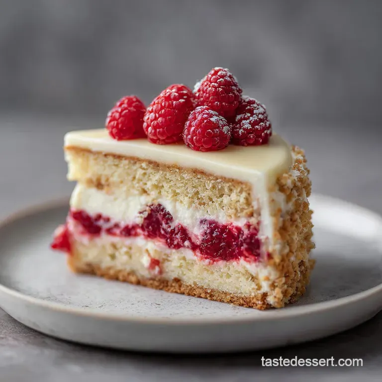 Slice of white chocolate raspberry cake on a white plate, accented by fresh raspberries and a dusting of powdered sugar.