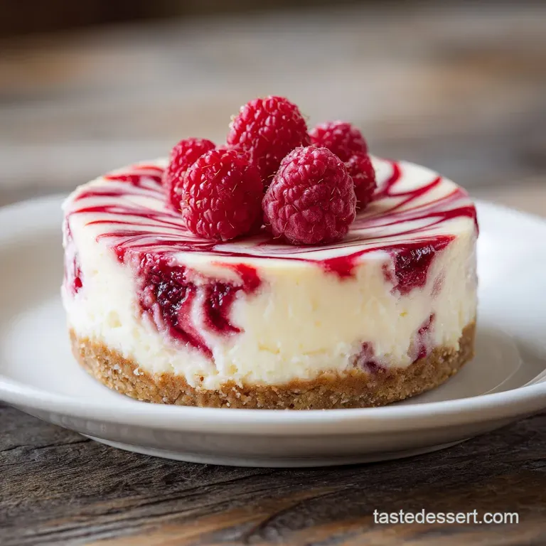 A thick cheesecake slice, vibrant raspberry sauce drizzled artfully, sits on a white plate, inviting and delicious.