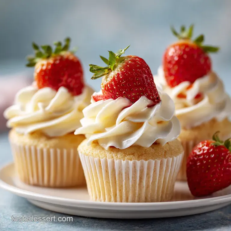 A single cupcake on a delicate plate, showcasing creamy white frosting and a juicy strawberry half, dusted with powdered s...